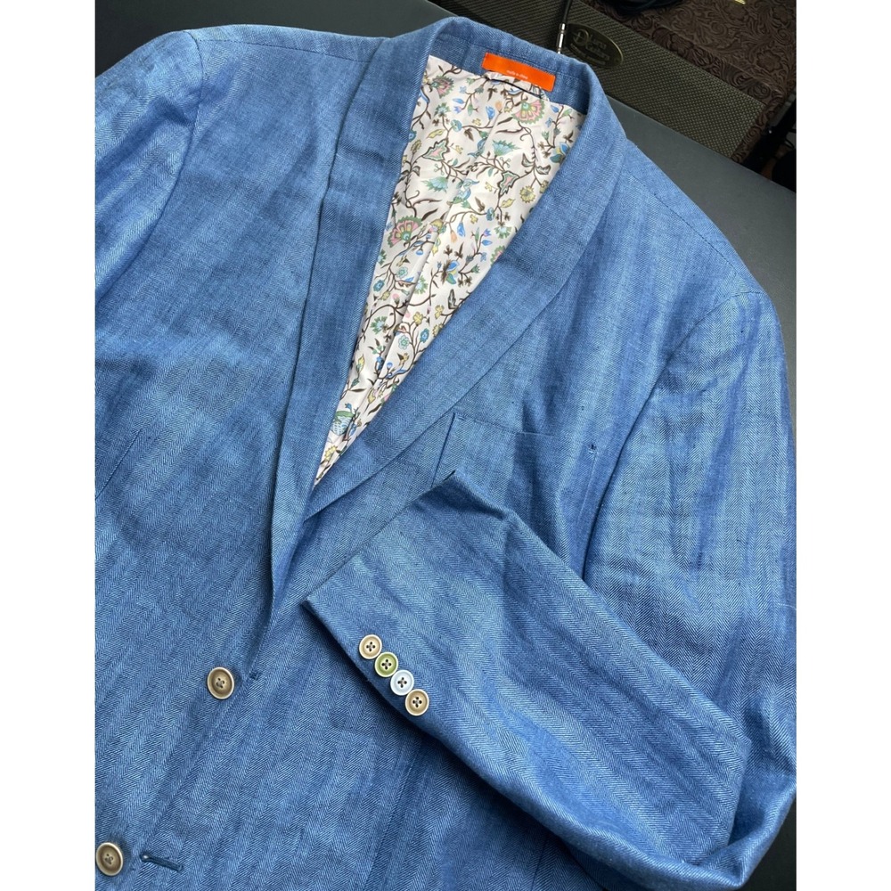 Tallia 44L Blue Linen Herringbone Floral Lining Sport Coat Mens Blazer WOW